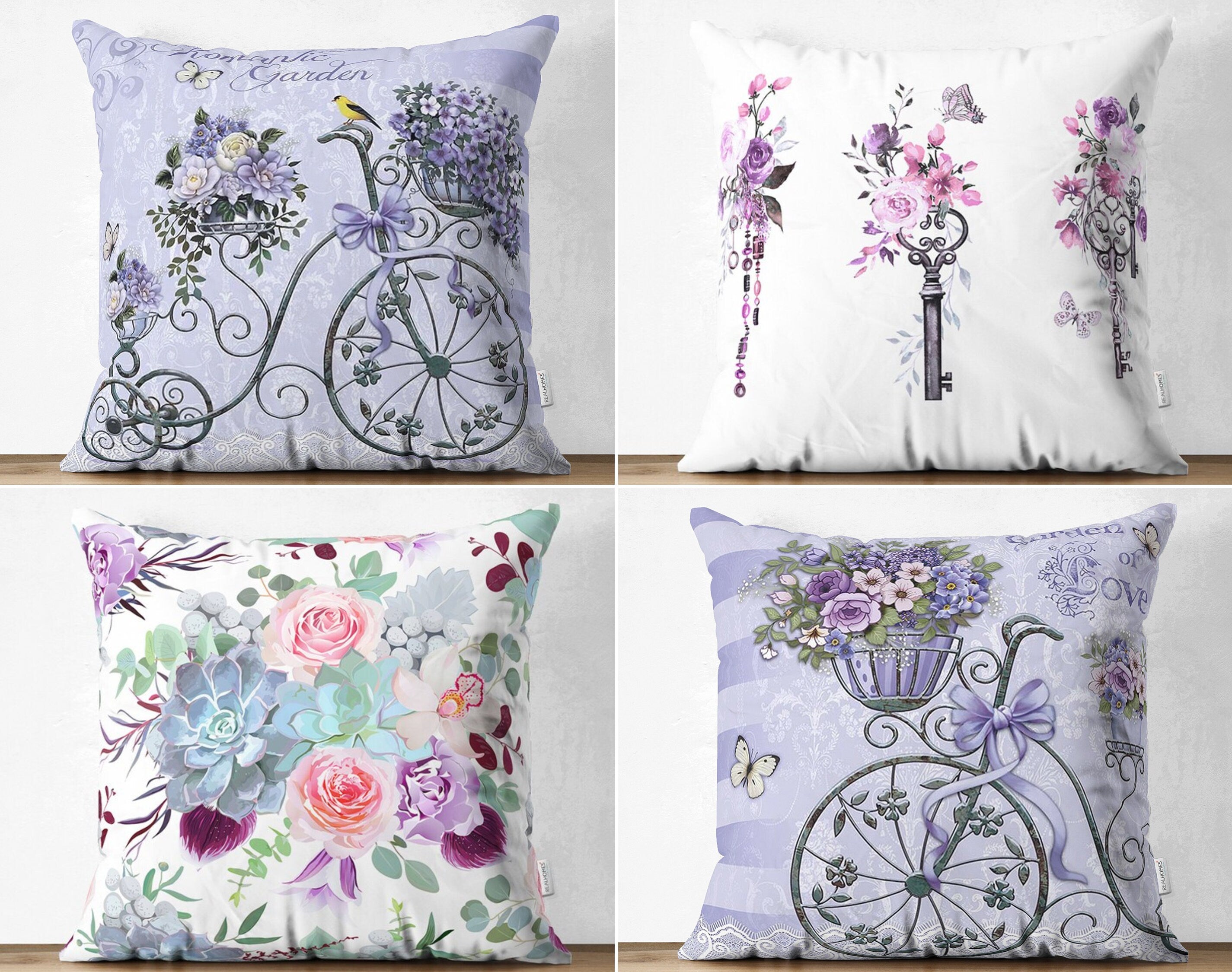 Beautiful Floral Pillow Covers Bike Pattern Cushion Case