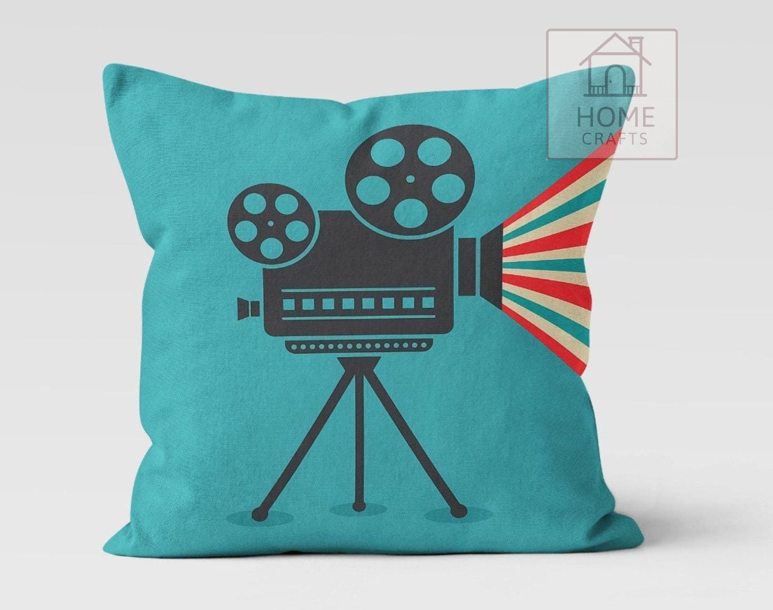 Retro Cinema Movie Nights Pillow Case, Popcorn Pattern Cushion Cover, Cinema Camera Pillow Topper, Retro Cinema Background Pillow Sham