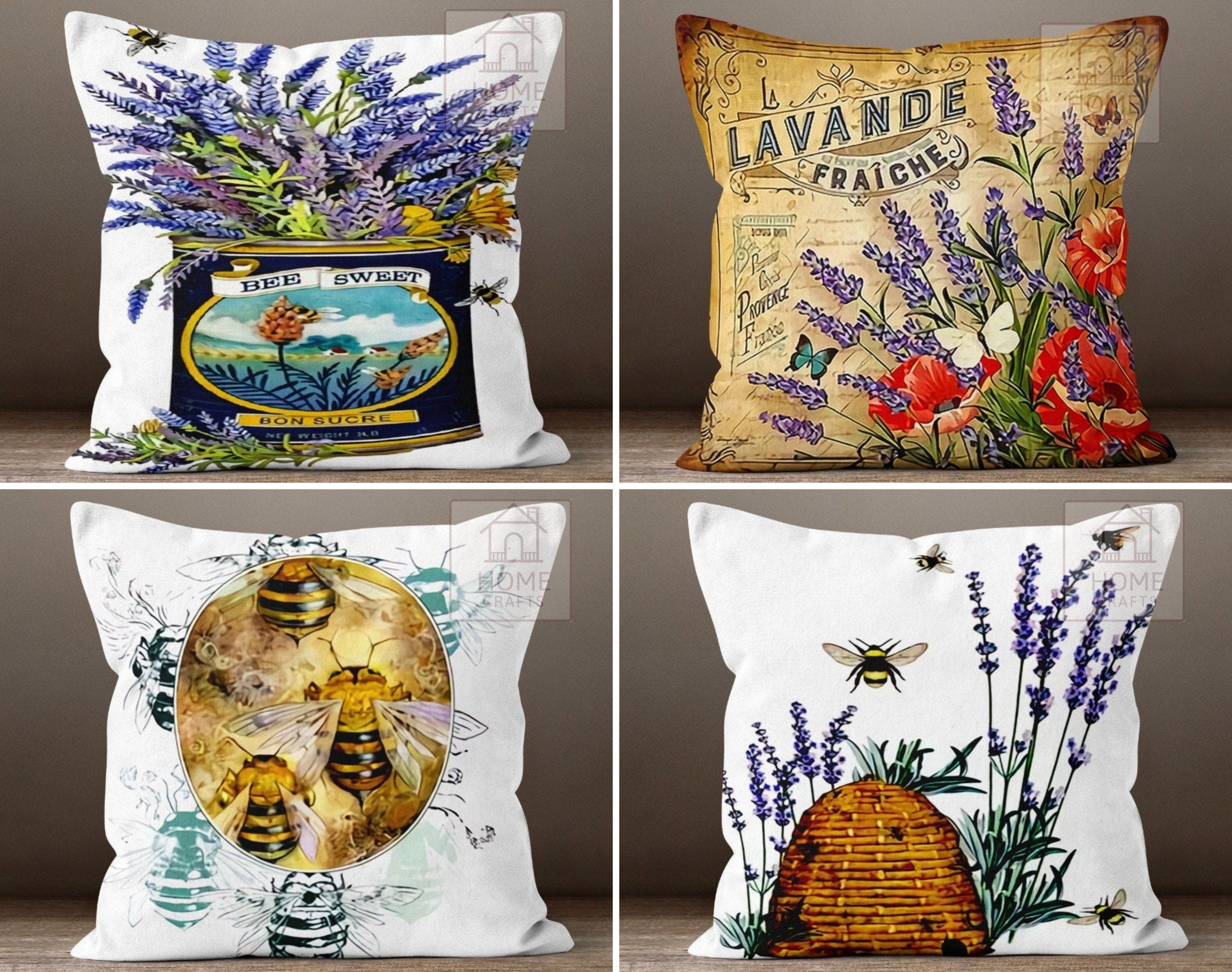 Bee Pillow Cover Lavender Floral Cushion Case